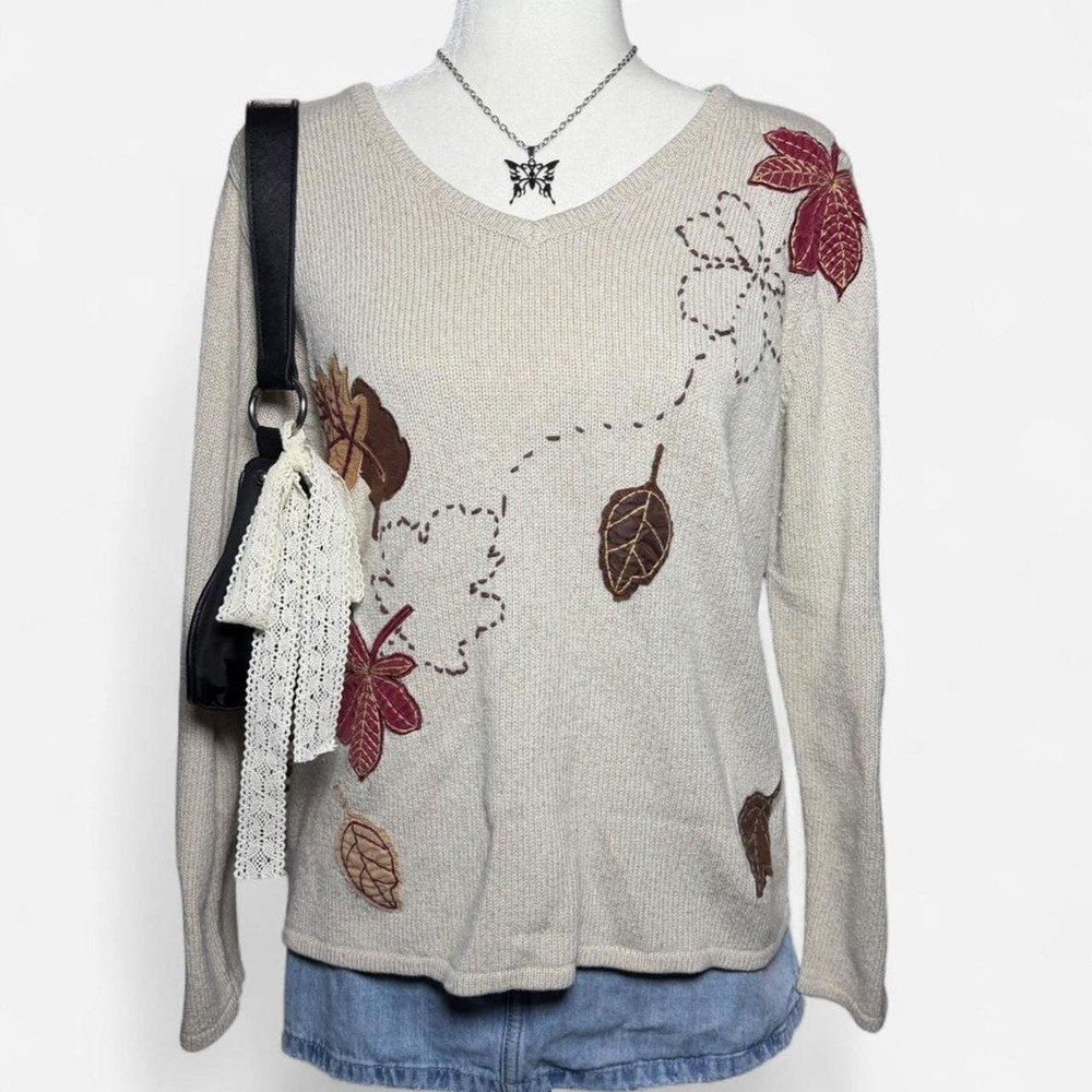Crazy Horse Vintage Y2K Embroidered Fall Leaf Silk Blend V-Neck Sweater Beige L